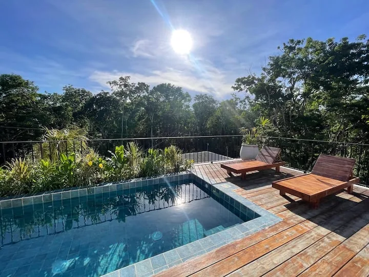 Casa Dalida rooftop pool overlooking the jungle with seating area