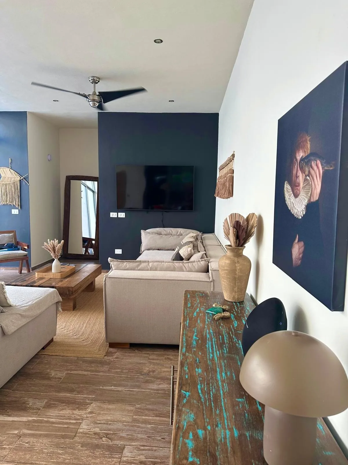 Casa Flamingo spacious living room with designer furnishings and natural light in Tulum rental home